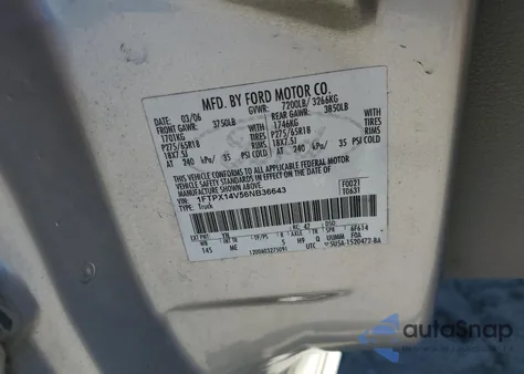 2006 Ford F150 z USA, uszkodzony, nr VIN 1FTPX14V56NB36643